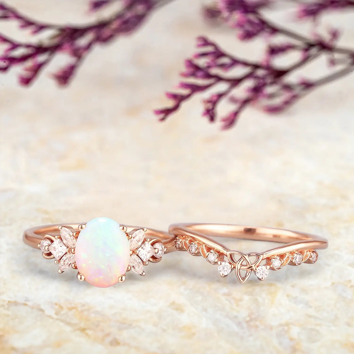 Vintage Oval Opal Engagement Ring Set | Art Deco Celtic Cluster Ring in Solid Gold | October Birthstone Bridal Set