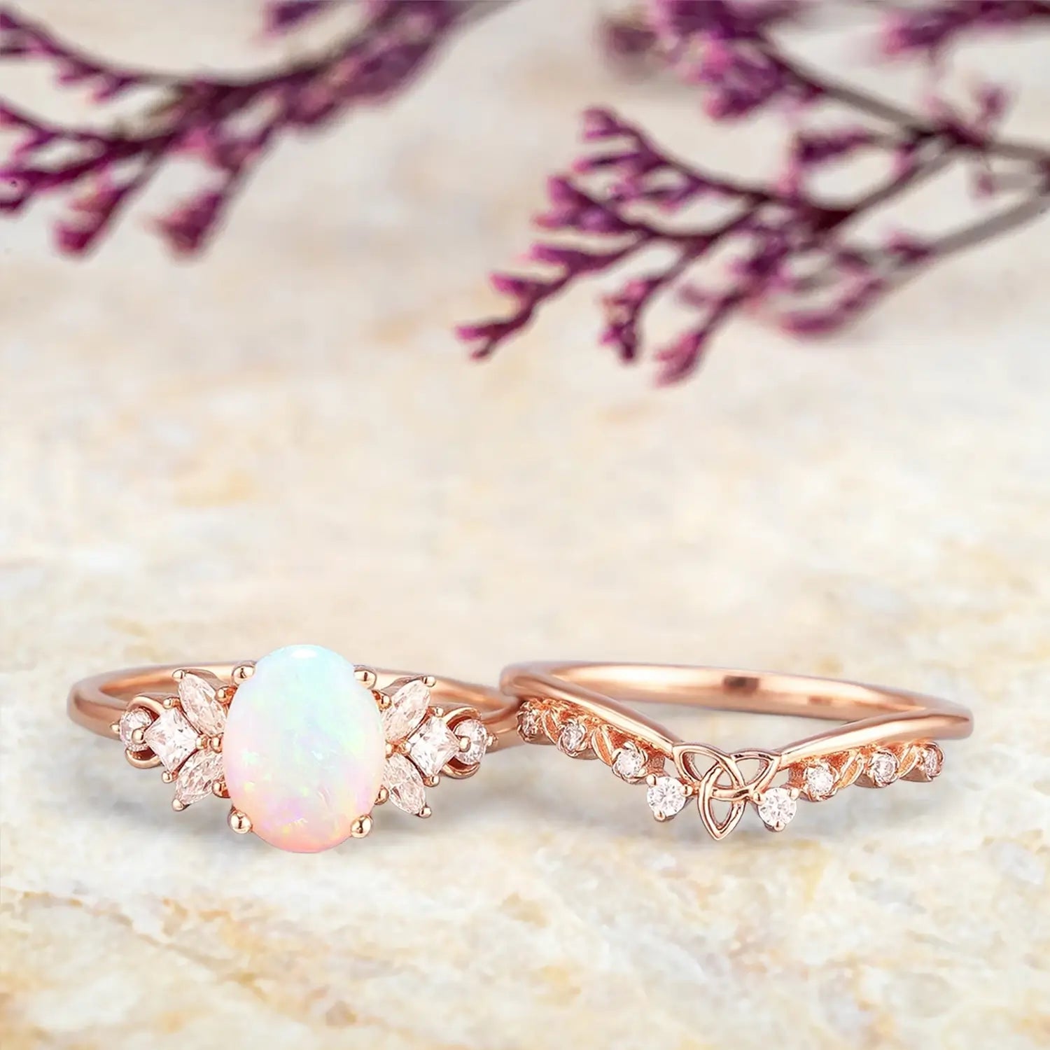 Vintage Oval Opal Engagement Ring Set | Art Deco Celtic Cluster Ring in Solid Gold | October Birthstone Bridal Set