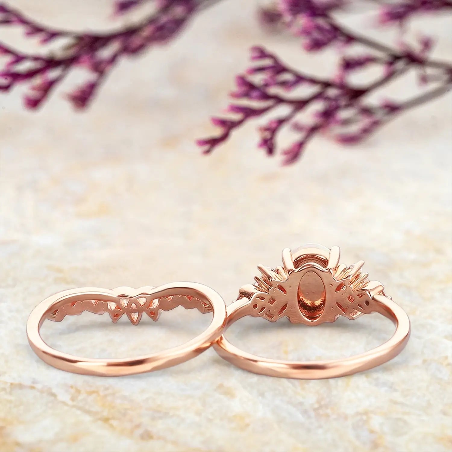 Vintage Oval Opal Engagement Ring Set | Art Deco Celtic Cluster Ring in Solid Gold | October Birthstone Bridal Set