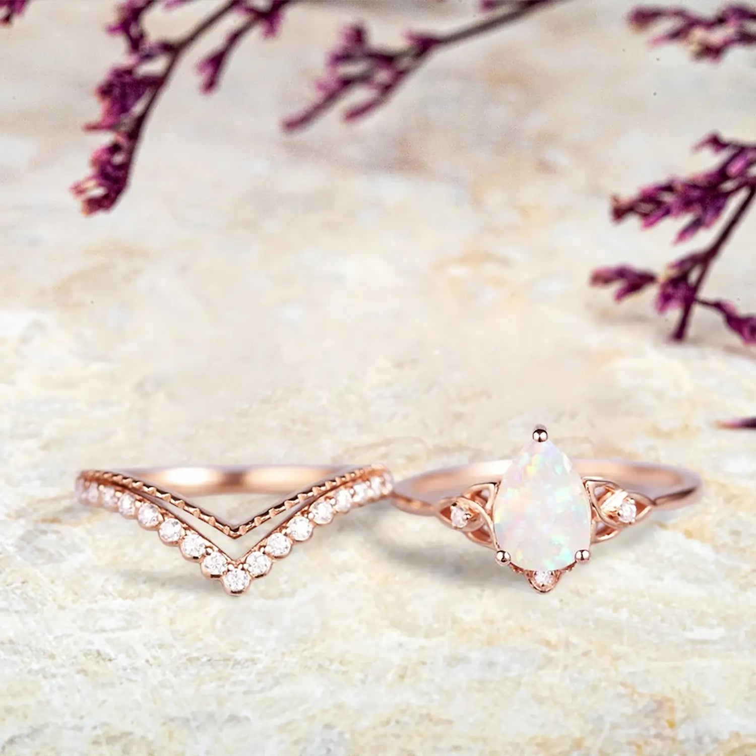 orleone Vintage Pear Cut Opal Engagement Ring Set | Art Deco Rose Gold Moissanite Wedding Ring Set | October Birthstone