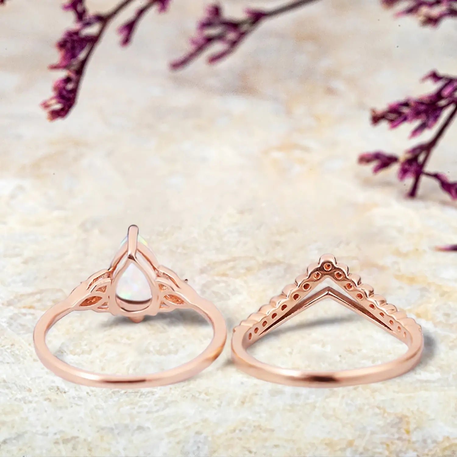 orleone Vintage Pear Cut Opal Engagement Ring Set | Art Deco Rose Gold Moissanite Wedding Ring Set | October Birthstone
