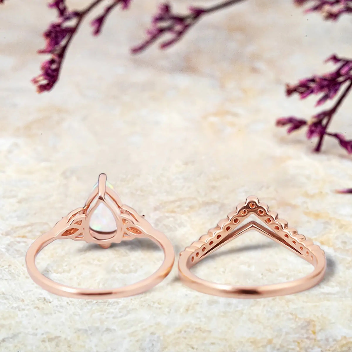 orleone Vintage Pear Cut Opal Engagement Ring Set | Art Deco Rose Gold Moissanite Wedding Ring Set | October Birthstone