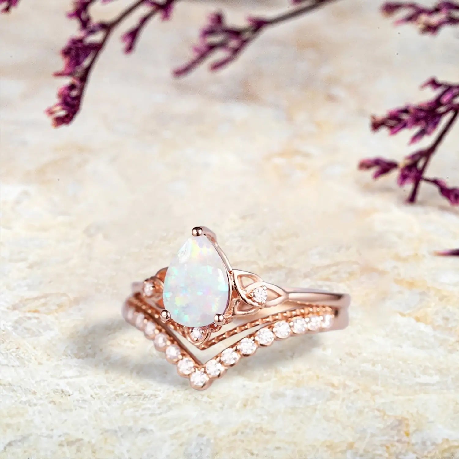 orleone Vintage Pear Cut Opal Engagement Ring Set | Art Deco Rose Gold Moissanite Wedding Ring Set | October Birthstone