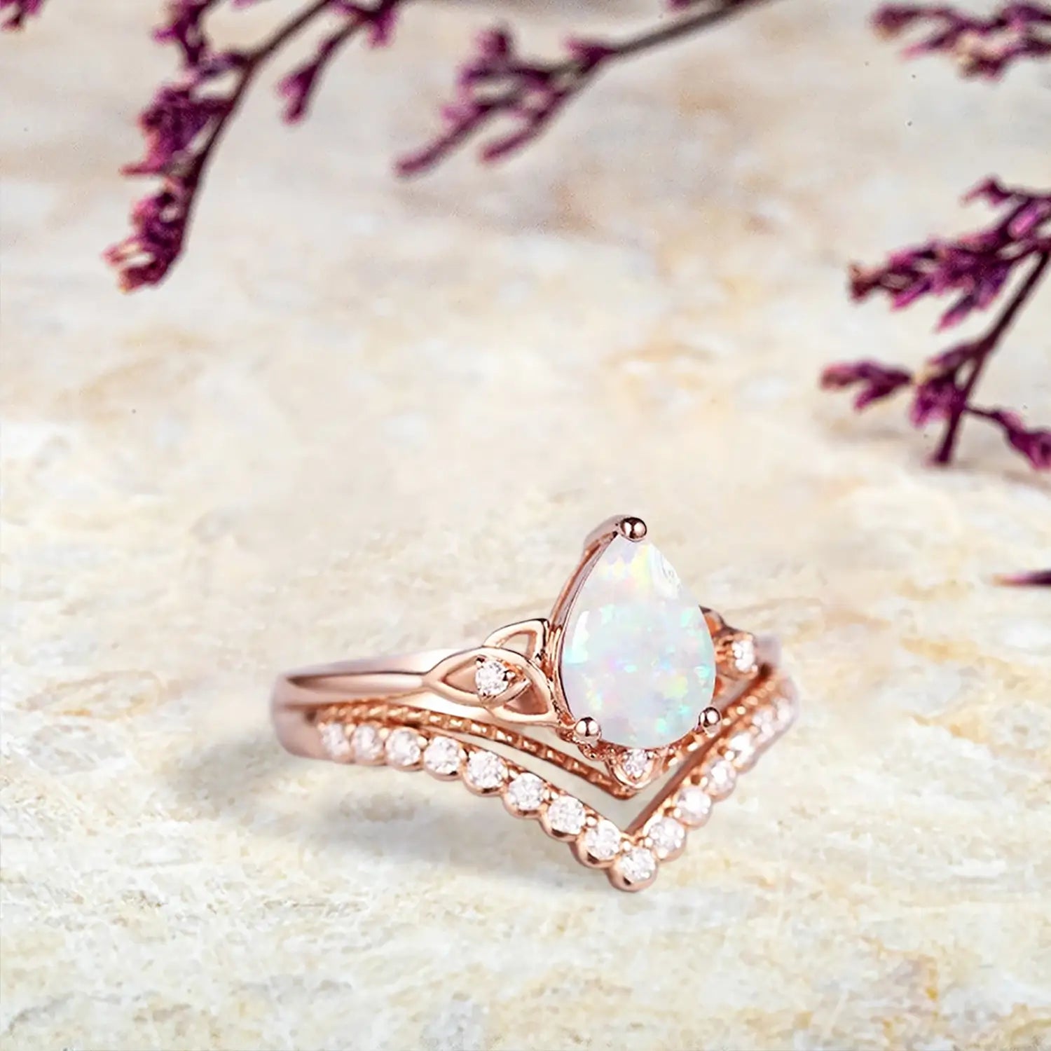 orleone Vintage Pear Cut Opal Engagement Ring Set | Art Deco Rose Gold Moissanite Wedding Ring Set | October Birthstone