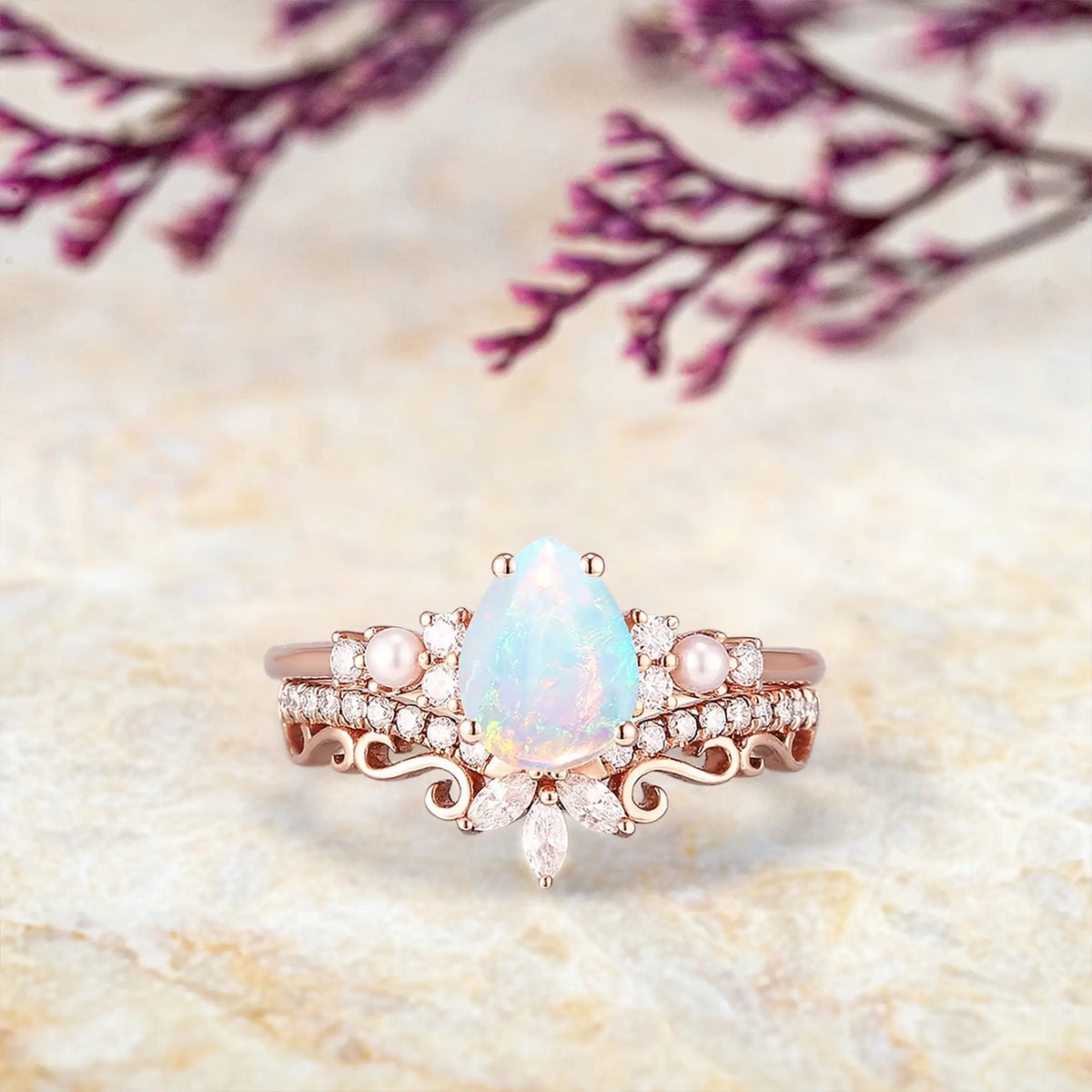 Art Deco Pear Natural Opal Engagement Ring Set | Cluster Diamond & Pearl Wedding Rings | Handmade Anniversary Gift for Her