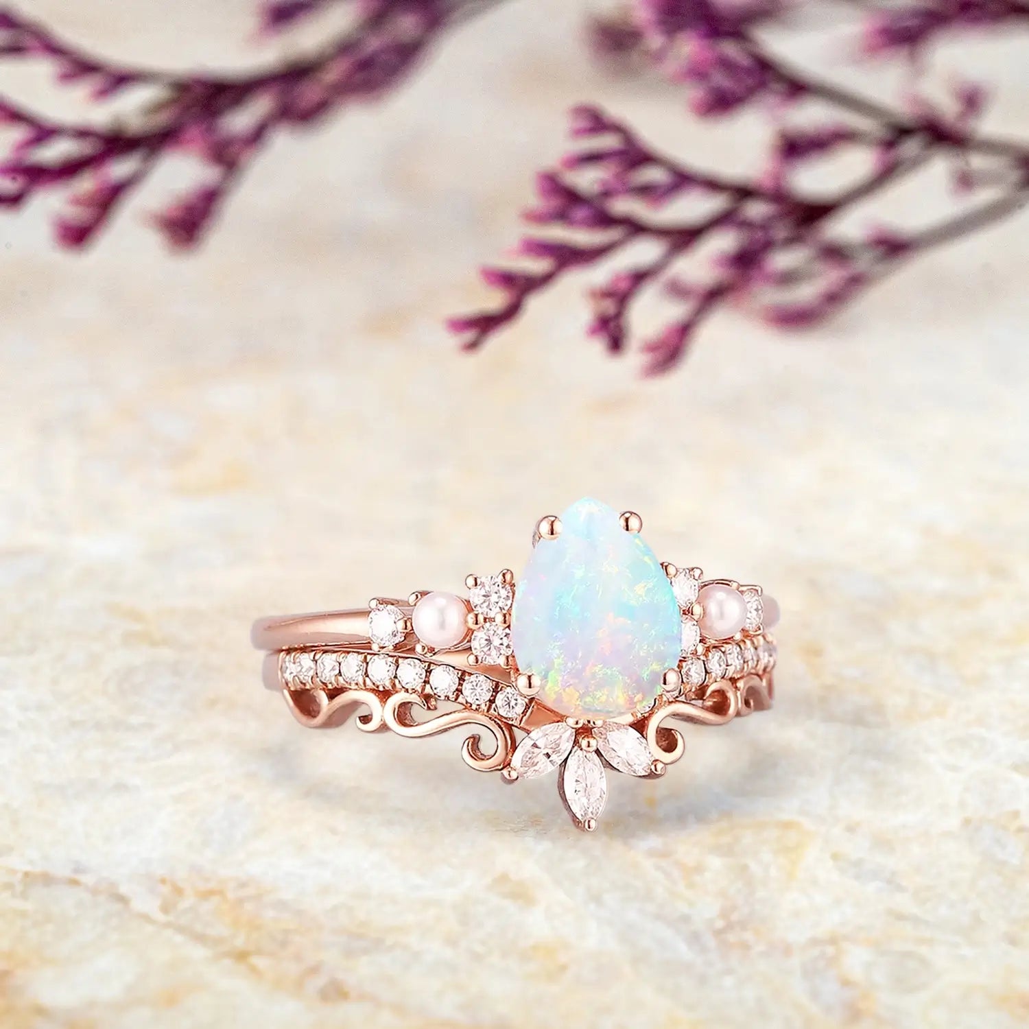 Art Deco Pear Natural Opal Engagement Ring Set | Cluster Diamond & Pearl Wedding Rings | Handmade Anniversary Gift for Her