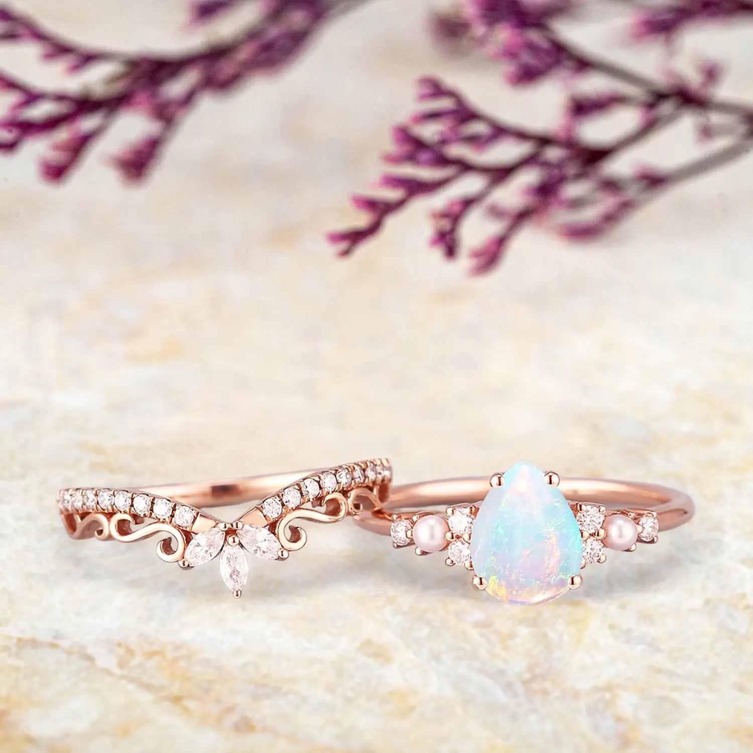 Art Deco Pear Natural Opal Engagement Ring Set | Cluster Diamond & Pearl Wedding Rings | Handmade Anniversary Gift for Her