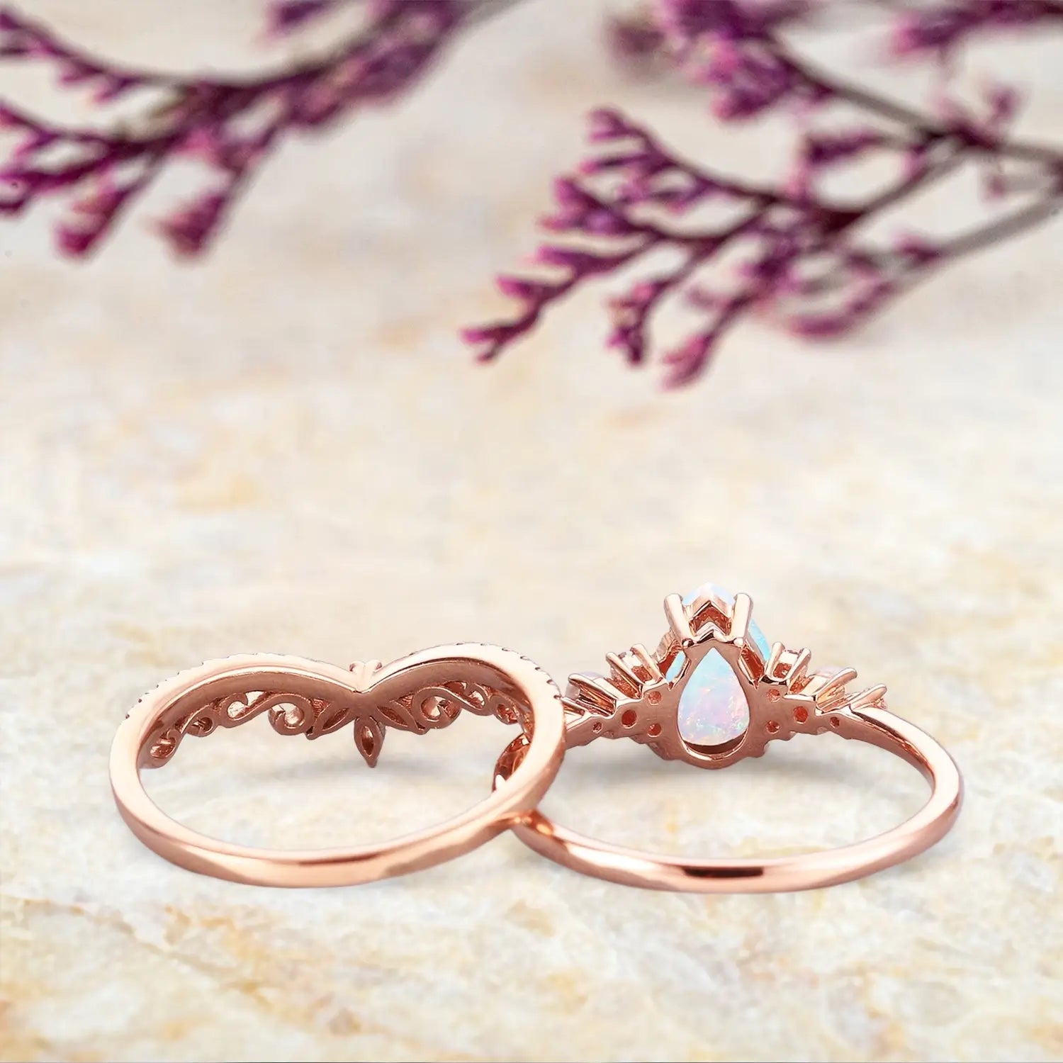 Art Deco Pear Natural Opal Engagement Ring Set | Cluster Diamond & Pearl Wedding Rings | Handmade Anniversary Gift for Her
