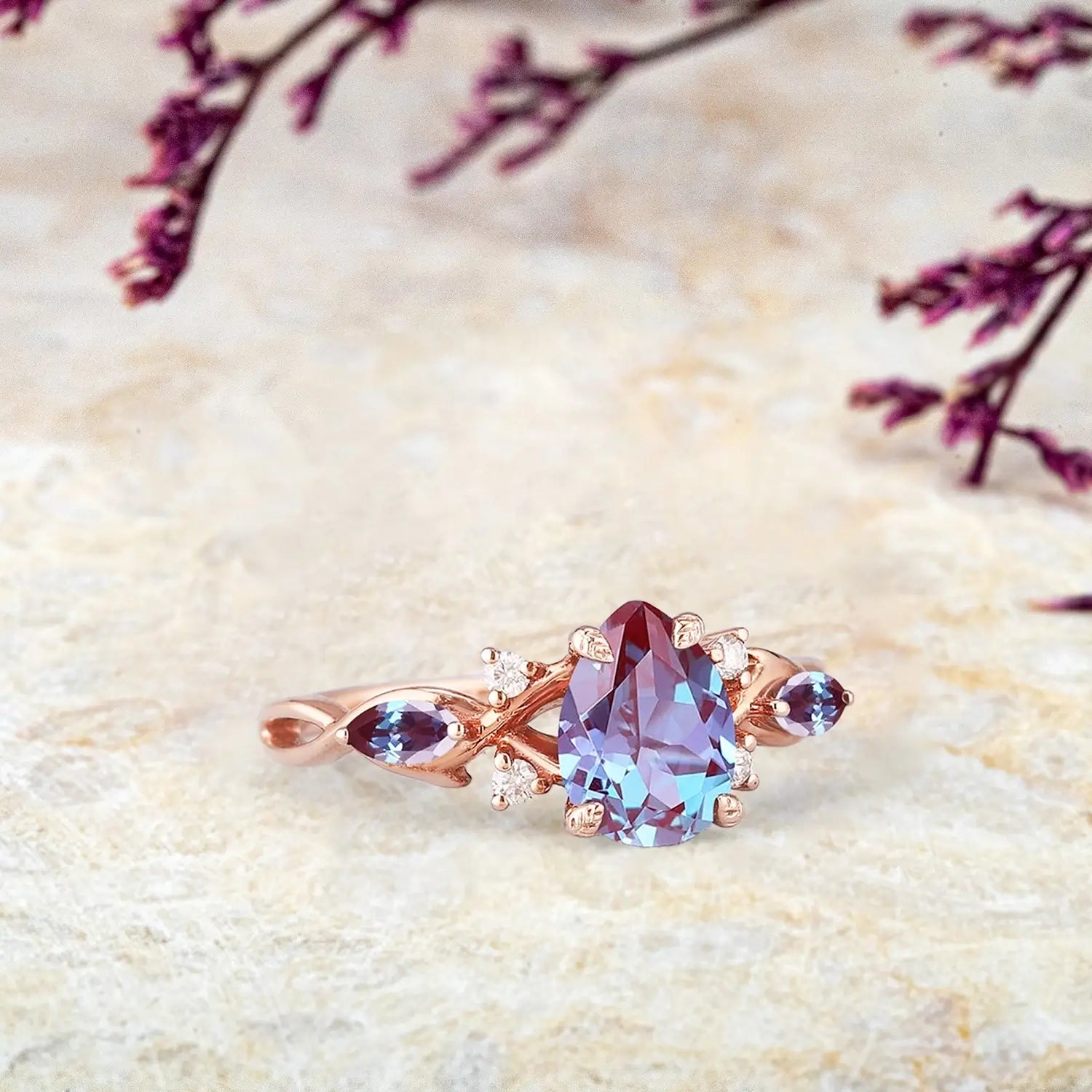 Eternal Twilight – Vintage Alexandrite Engagement Ring | Custom Unique Pear Cut Wedding Ring | Luxury Promise Rings | Custom Engraved Anniversary Ring