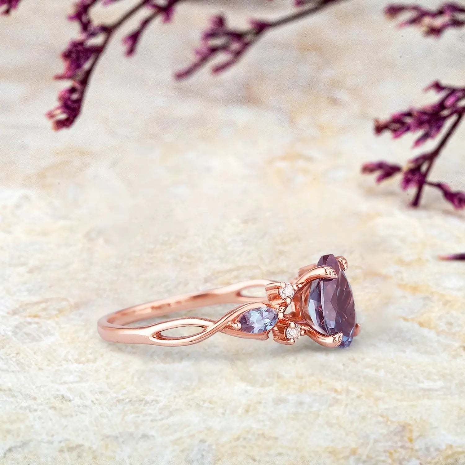 Eternal Twilight – Vintage Alexandrite Engagement Ring | Custom Unique Pear Cut Wedding Ring | Luxury Promise Rings | Custom Engraved Anniversary Ring