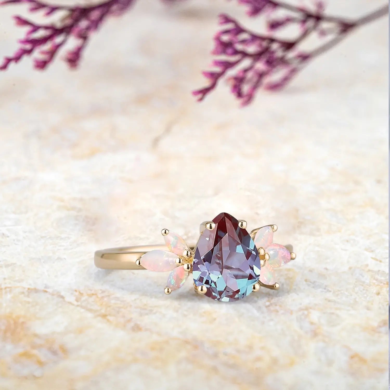 Pear Alexandrite & Opal Cluster Engagement Ring custom gold ring orleone jewelry