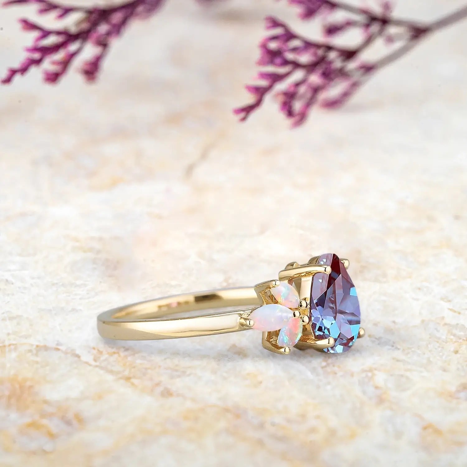 Pear Alexandrite & Opal Cluster Engagement Ring custom gold ring orleone jewelry
