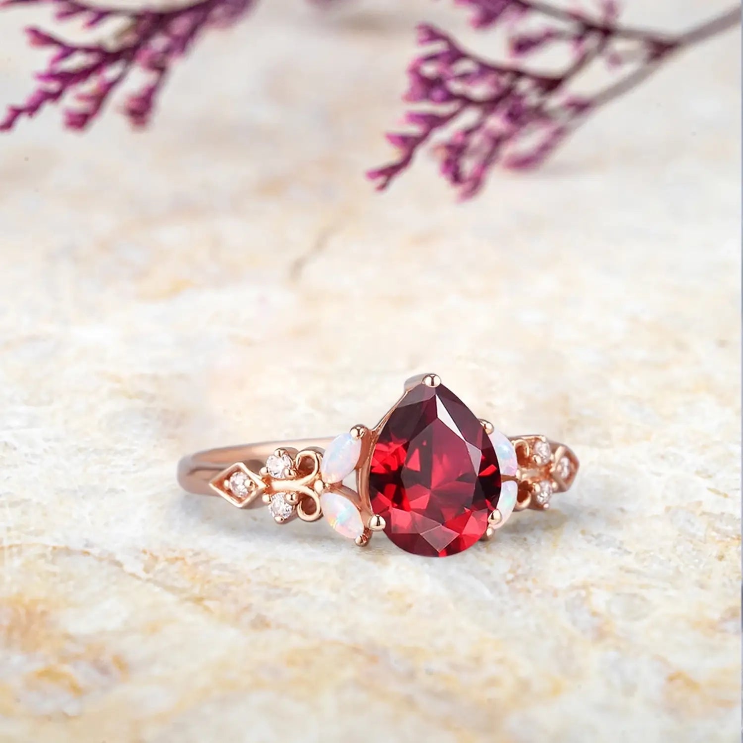 Aurelia – Vintage Ruby Engagement Ring with Opal & Diamond Accents | July Birthstone Ring