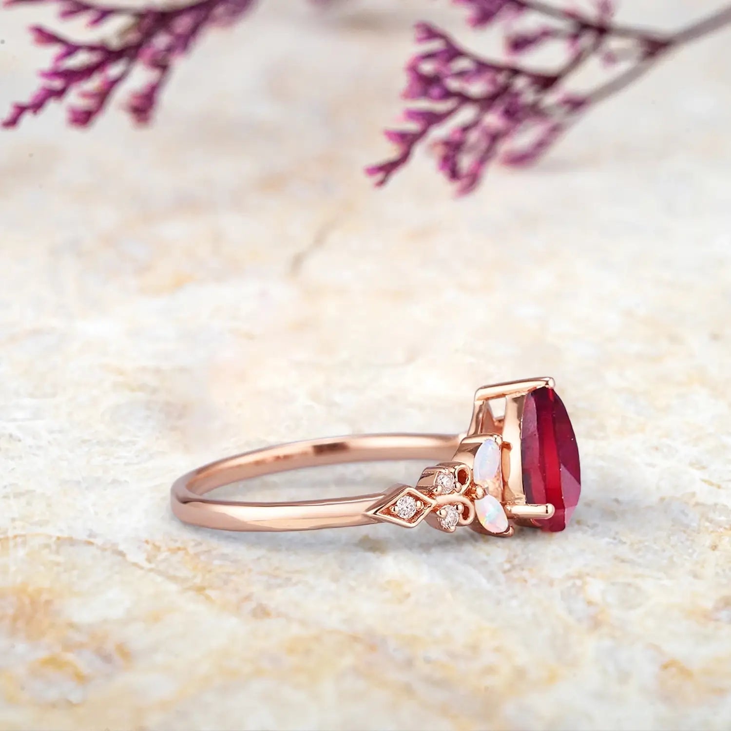 Aurelia – Vintage Ruby Engagement Ring with Opal & Diamond Accents | July Birthstone Ring
