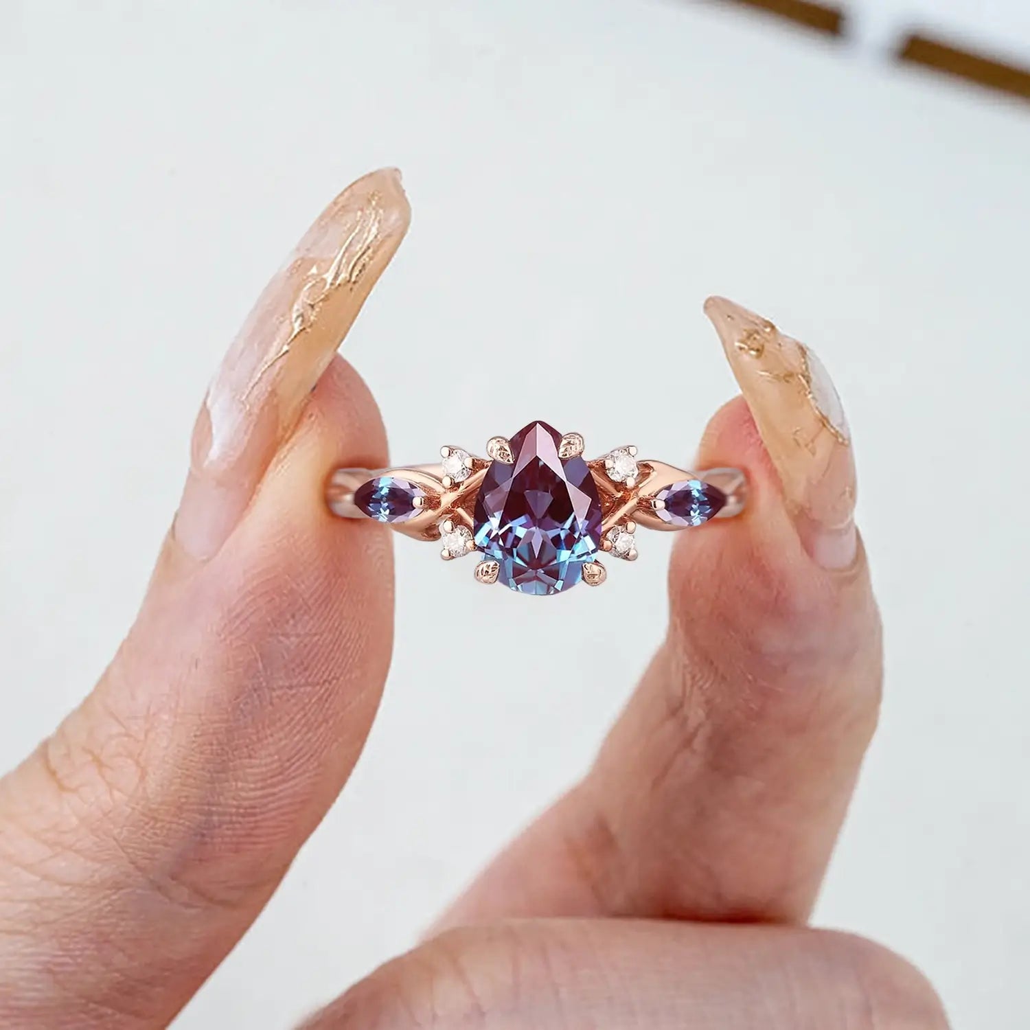 Eternal Twilight – Vintage Alexandrite Engagement Ring | Custom Unique Pear Cut Wedding Ring | Luxury Promise Rings | Custom Engraved Anniversary Ring