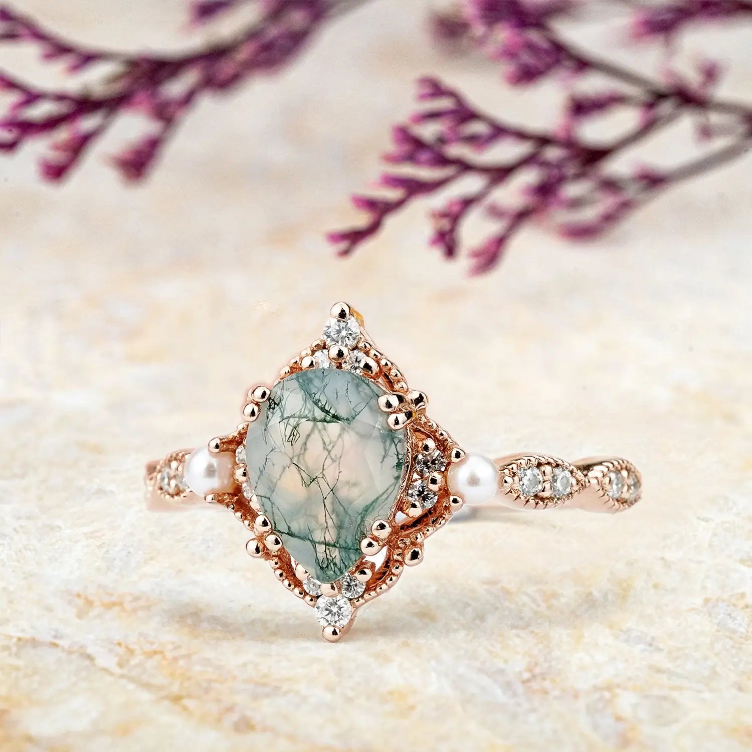 Vintage Pearl & Moss Agate Engagement Ring Timeless Elegance | Handmade custom 18k gold rings