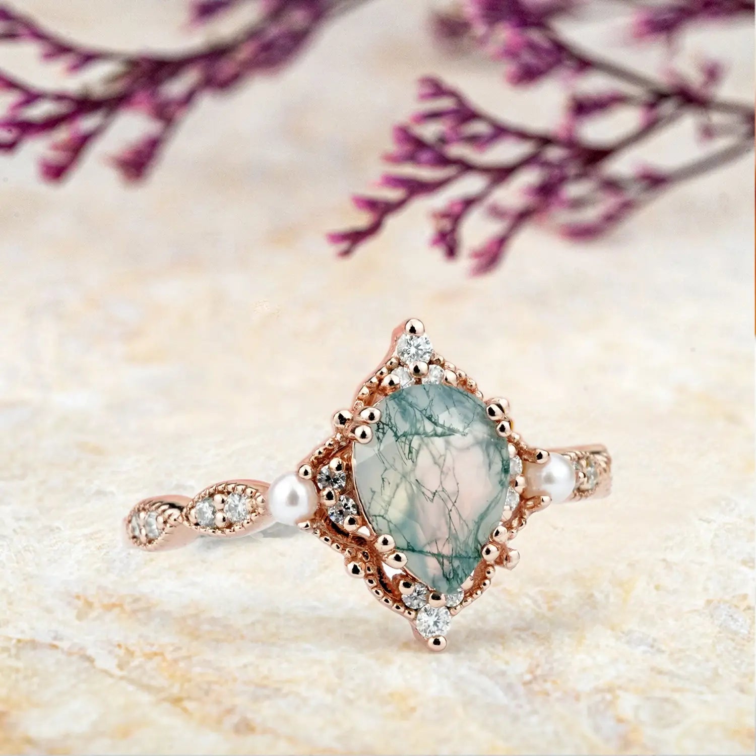 Vintage Pearl & Moss Agate Engagement Ring Timeless Elegance | Handmade custom 18k rose gold rings