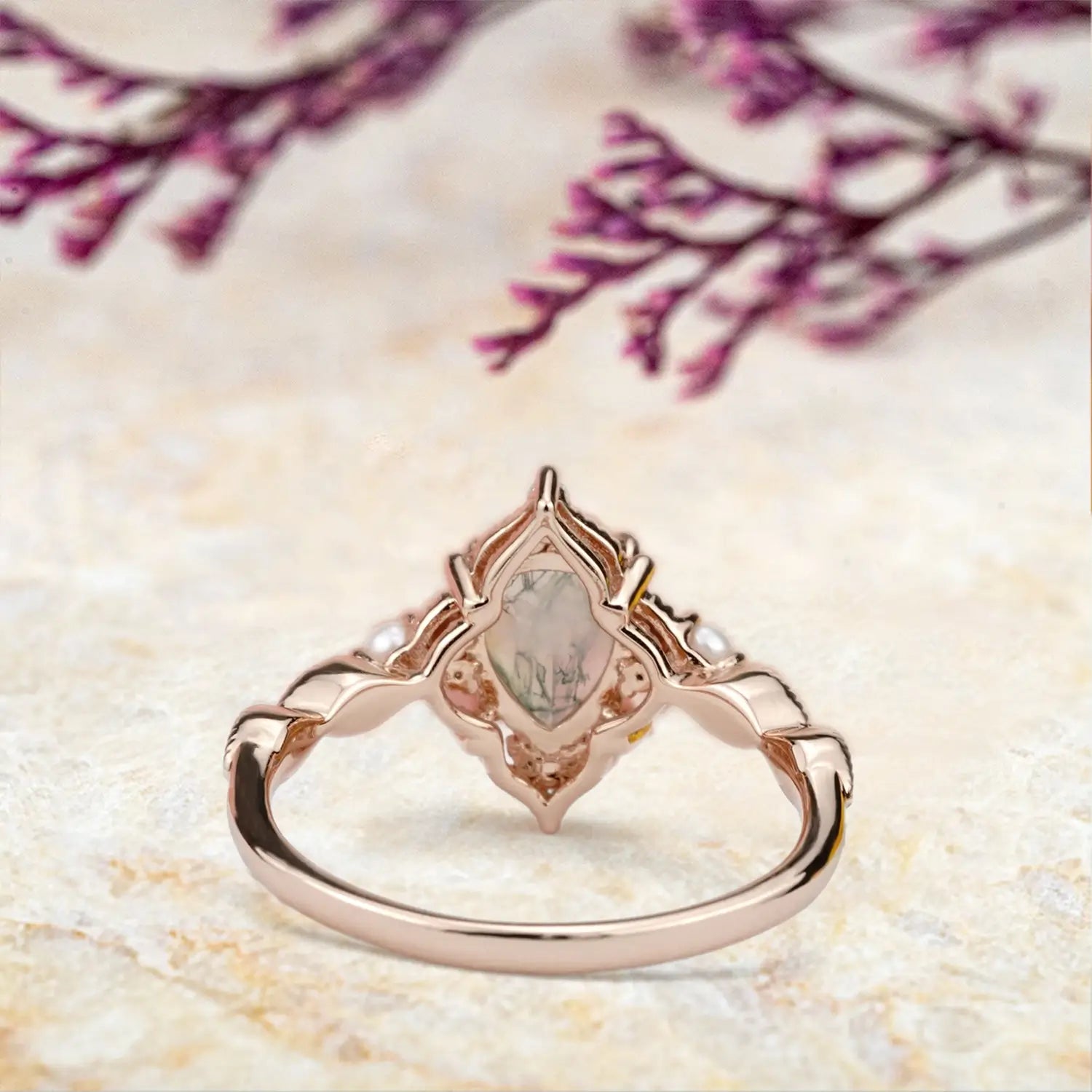 Vintage Pearl & Moss Agate Engagement Ring Timeless Elegance | Handmade custom 18k gold rings