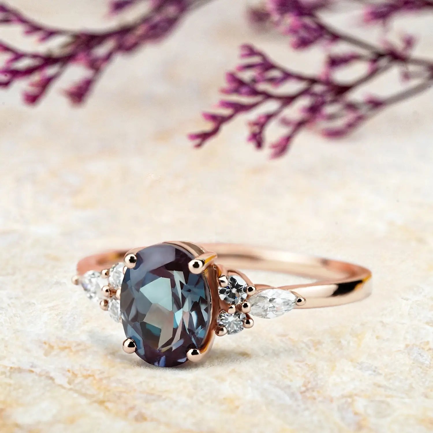 Oval Alexandrite Cluster Engagement Rings Timeless & Elegant June Birthstone Ring for women promise gift