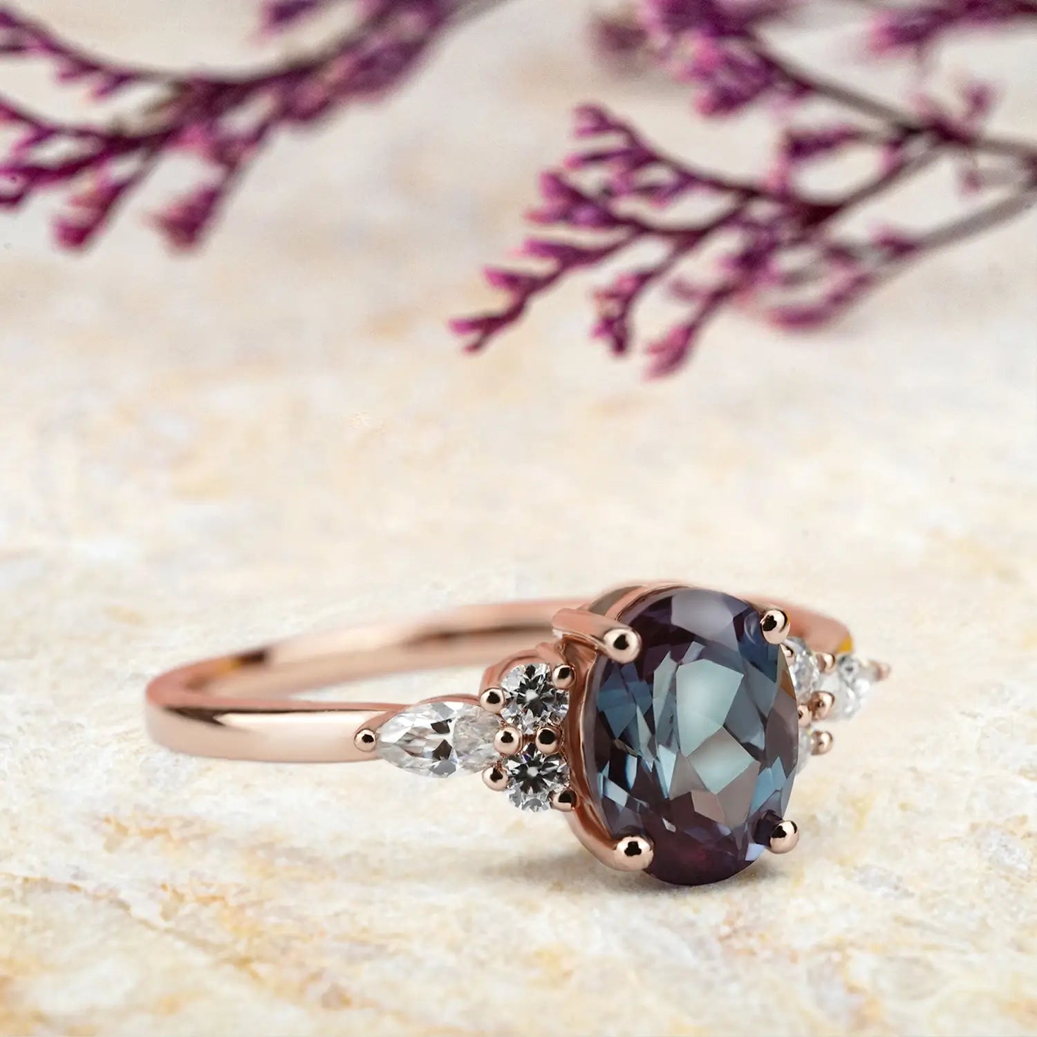 Oval Alexandrite Cluster Engagement Rings Timeless & Elegant June Birthstone Ring for women promise gift