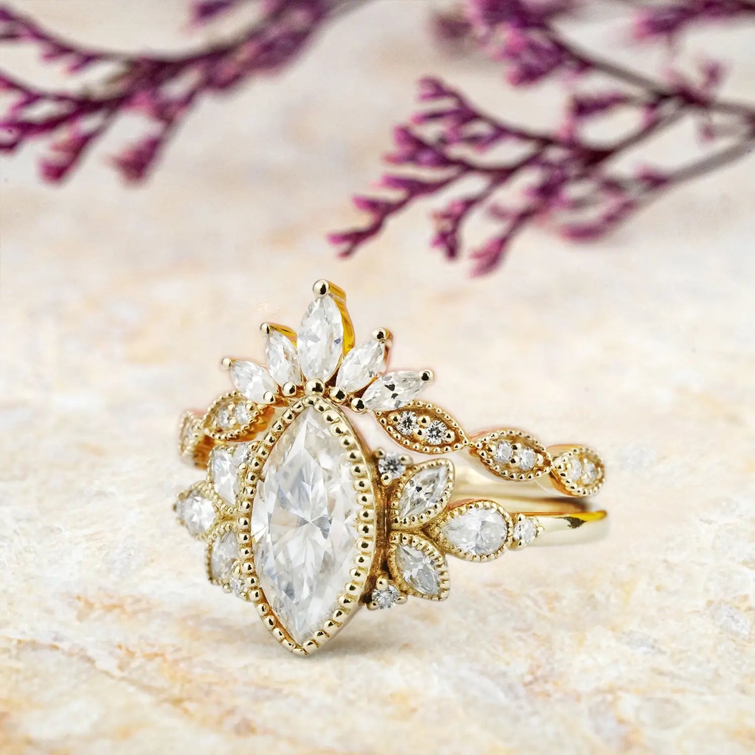 Vintage Marquise Moissanite Bridal Set – Nature-Inspired Engagement Ring custom handmade jewelry 18k gold