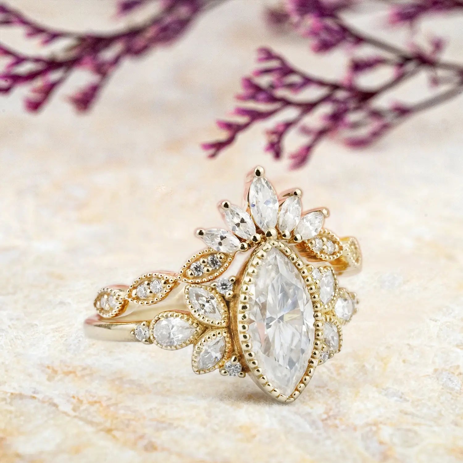 Vintage Marquise Moissanite Bridal Set – Nature-Inspired Engagement Ring custom handmade jewelry 18k gold