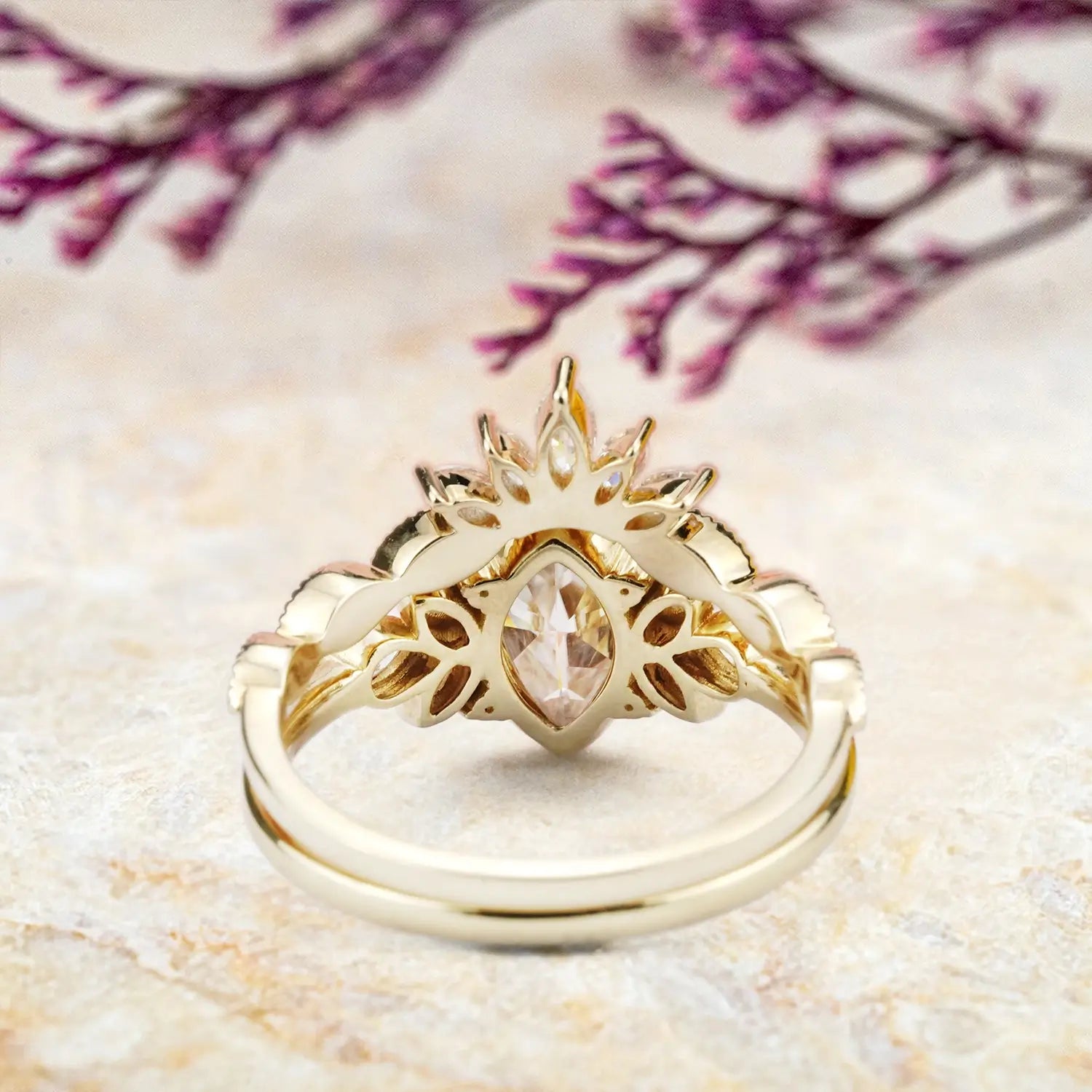 Vintage Marquise Moissanite Bridal Set – Nature-Inspired Engagement Ring custom handmade jewelry 18k gold