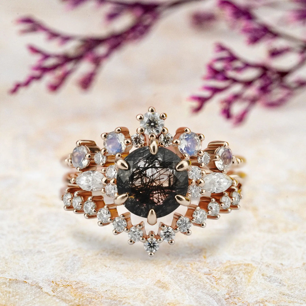 Round Black Rutilated Quartz Trio Ring Set – Luxurious Unique Cluster Rings for women anniversary gift
