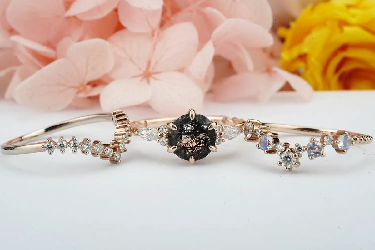 Round Black Rutilated Quartz Trio Ring Set – Luxurious Unique Cluster Rings for women anniversary gift