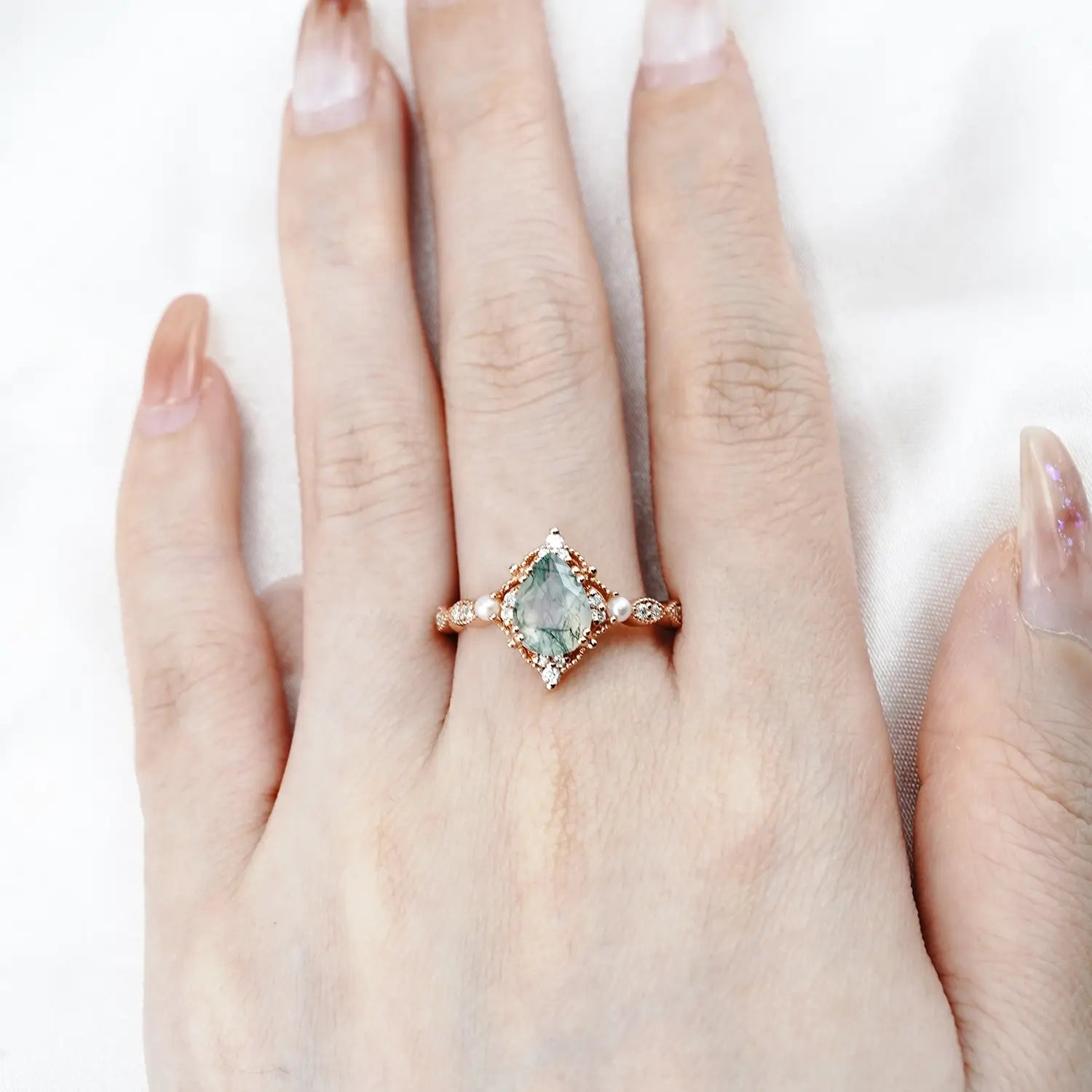 Vintage Pearl & Moss Agate Engagement Ring Timeless Elegance | Handmade custom 18k gold rings