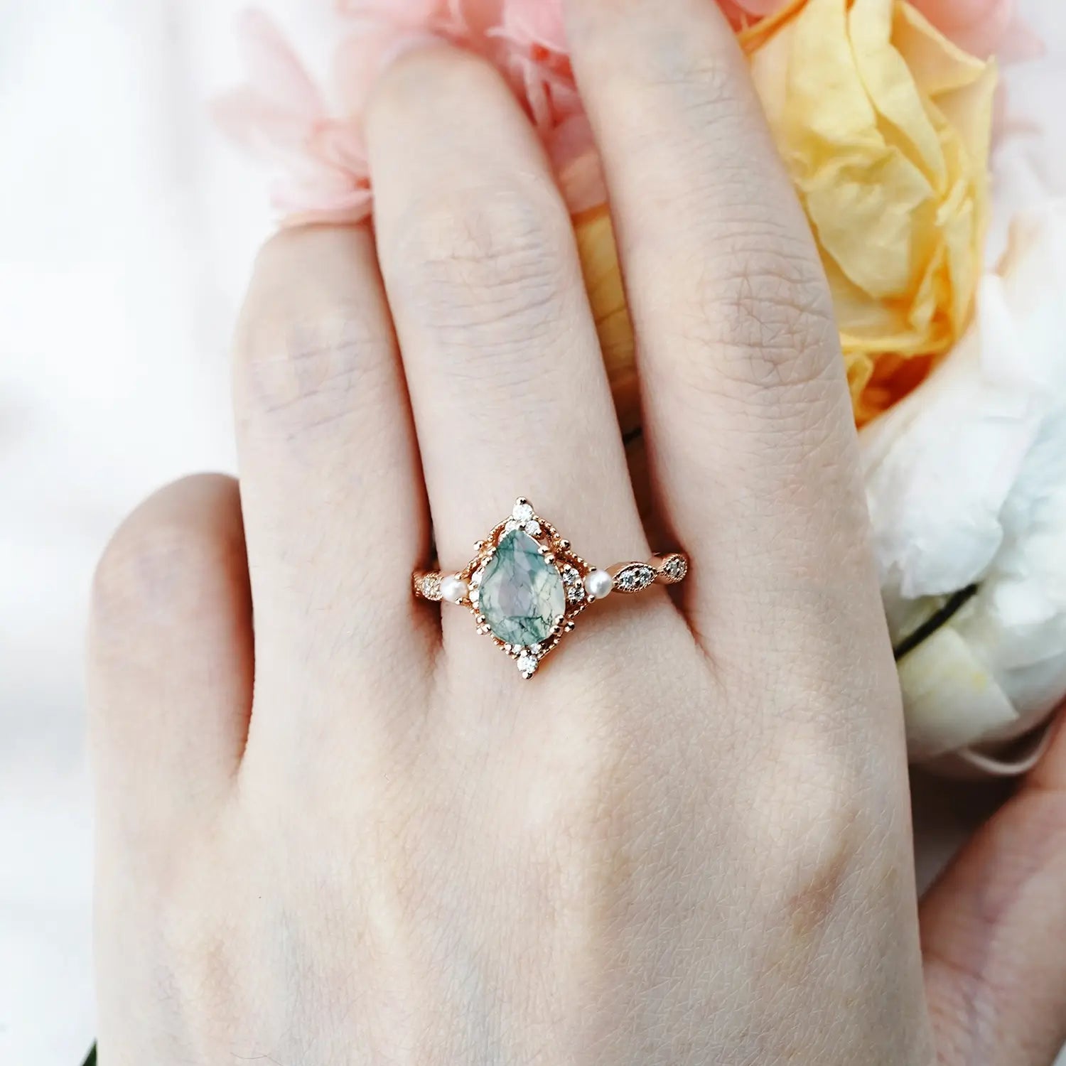 Vintage Pearl & Moss Agate Engagement Ring Timeless Elegance | Handmade custom 18k gold rings for women gift