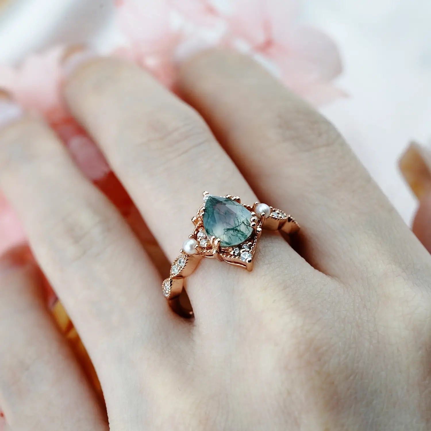 Vintage Pearl & Moss Agate Engagement Ring Timeless Elegance | Handmade custom 18k gold rings