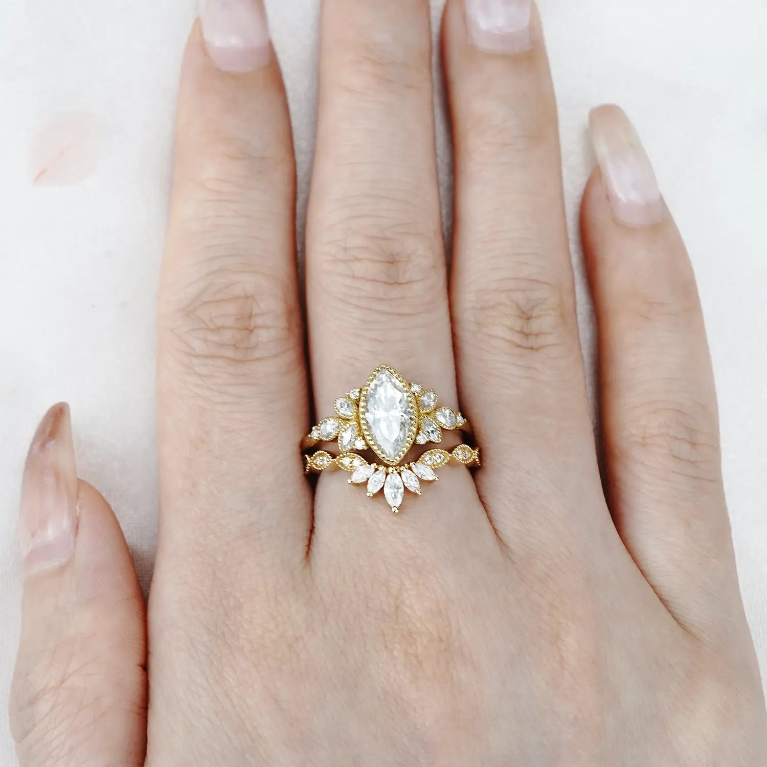 Vintage Marquise Moissanite Bridal Set – Nature-Inspired Engagement Ring custom handmade jewelry 18k gold