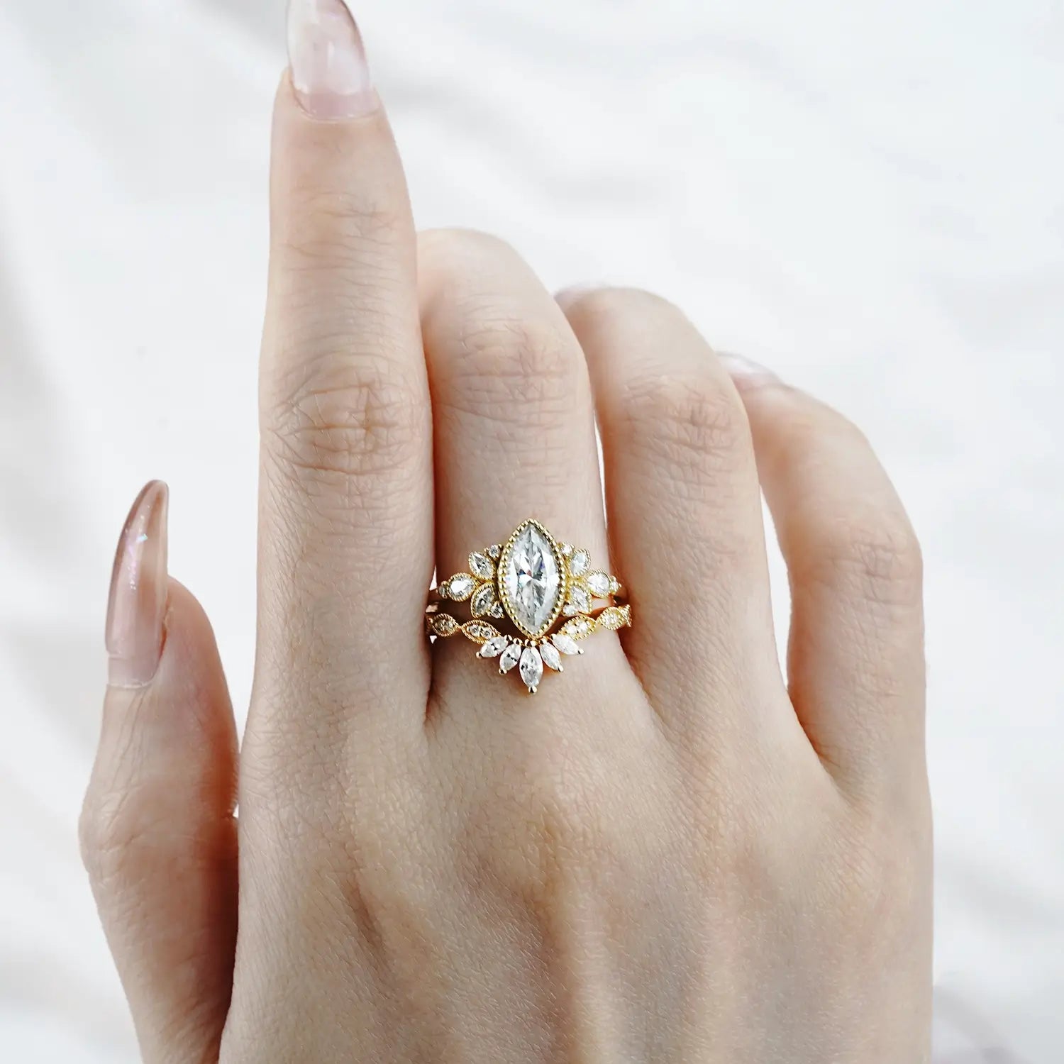 Vintage Marquise Moissanite Bridal Set – Nature-Inspired Engagement Ring custom handmade jewelry 18k gold for ladies gift