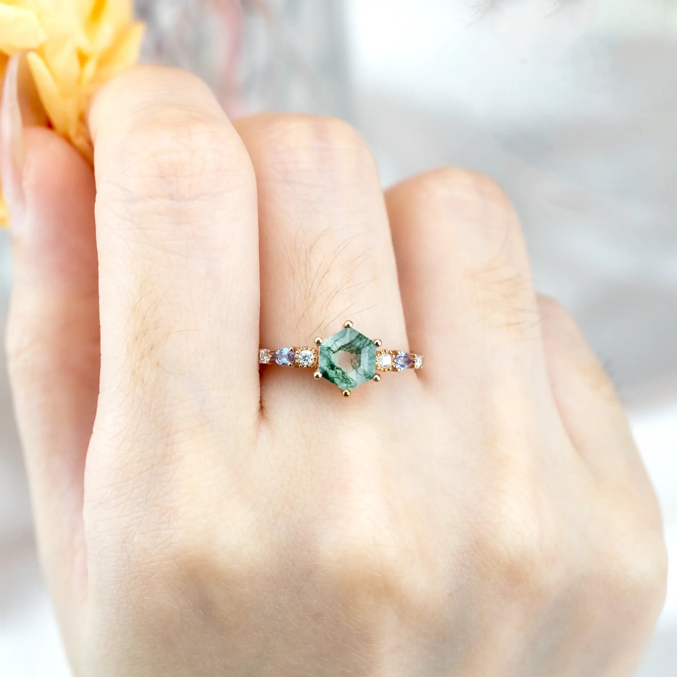 Hexagonal Moss Agate Engagement Rings,Seven Stone Gold Promise Ring for women gift