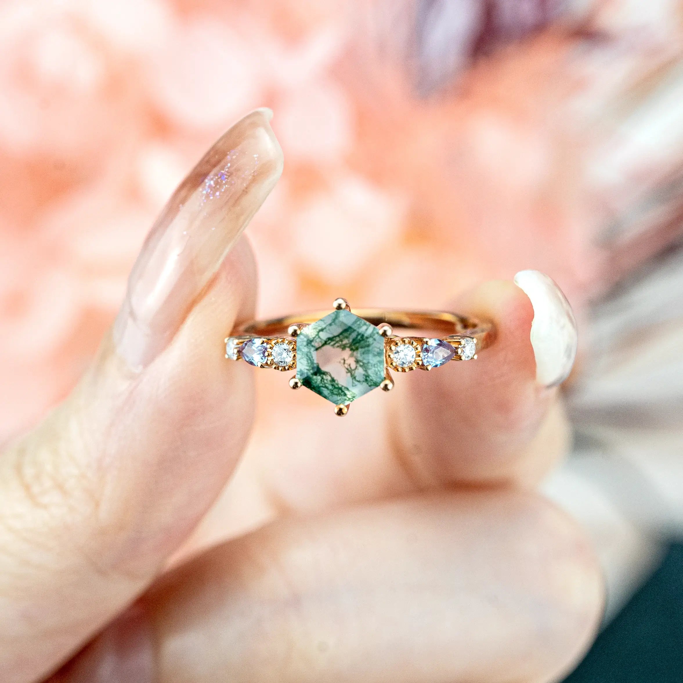 Hexagonal Moss Agate Engagement Rings,Seven Stone Gold Promise Ring for women gift