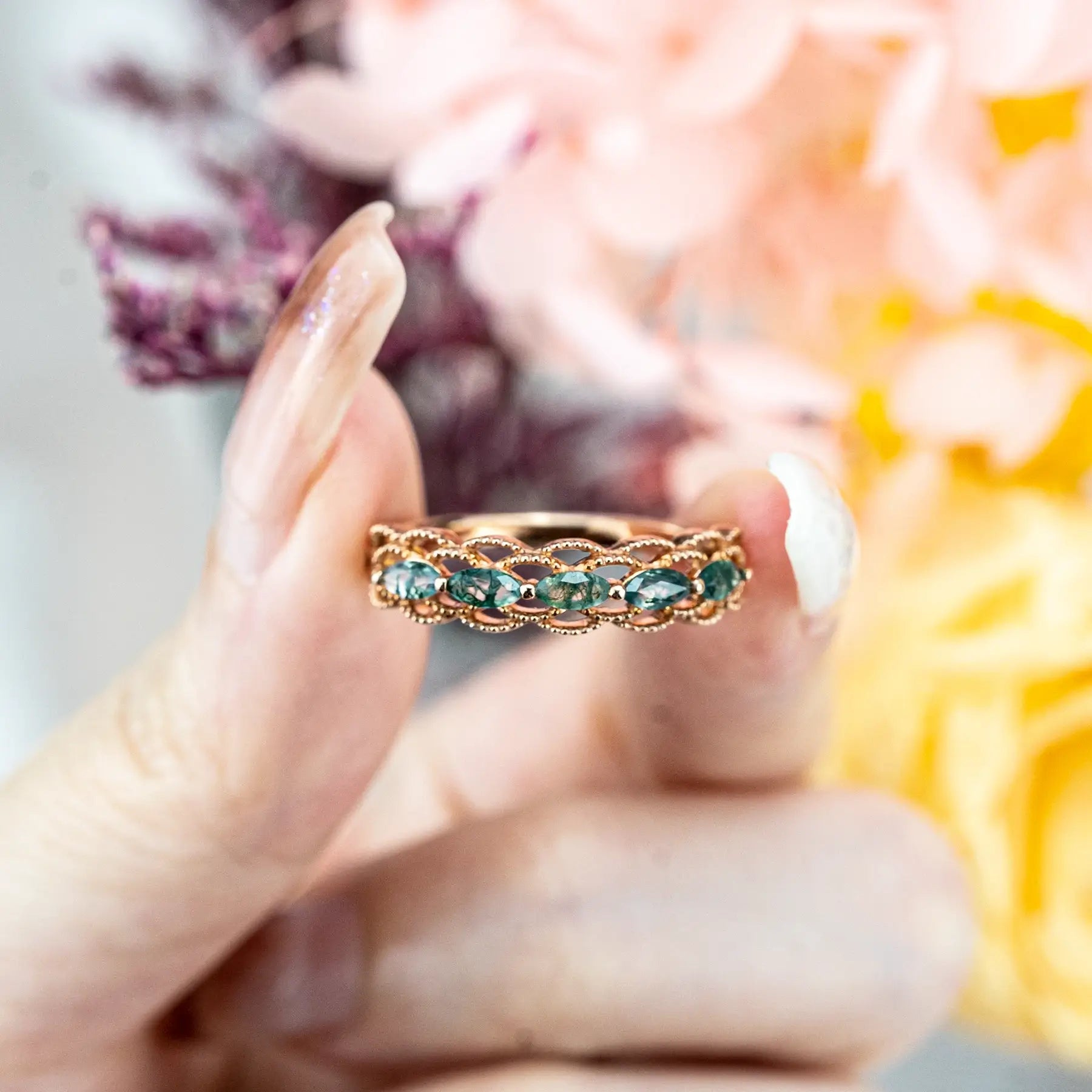 Rose Gold Marquise Moss Agate Wedding Band - Unique Hollow Vintage Design for women gift love ring