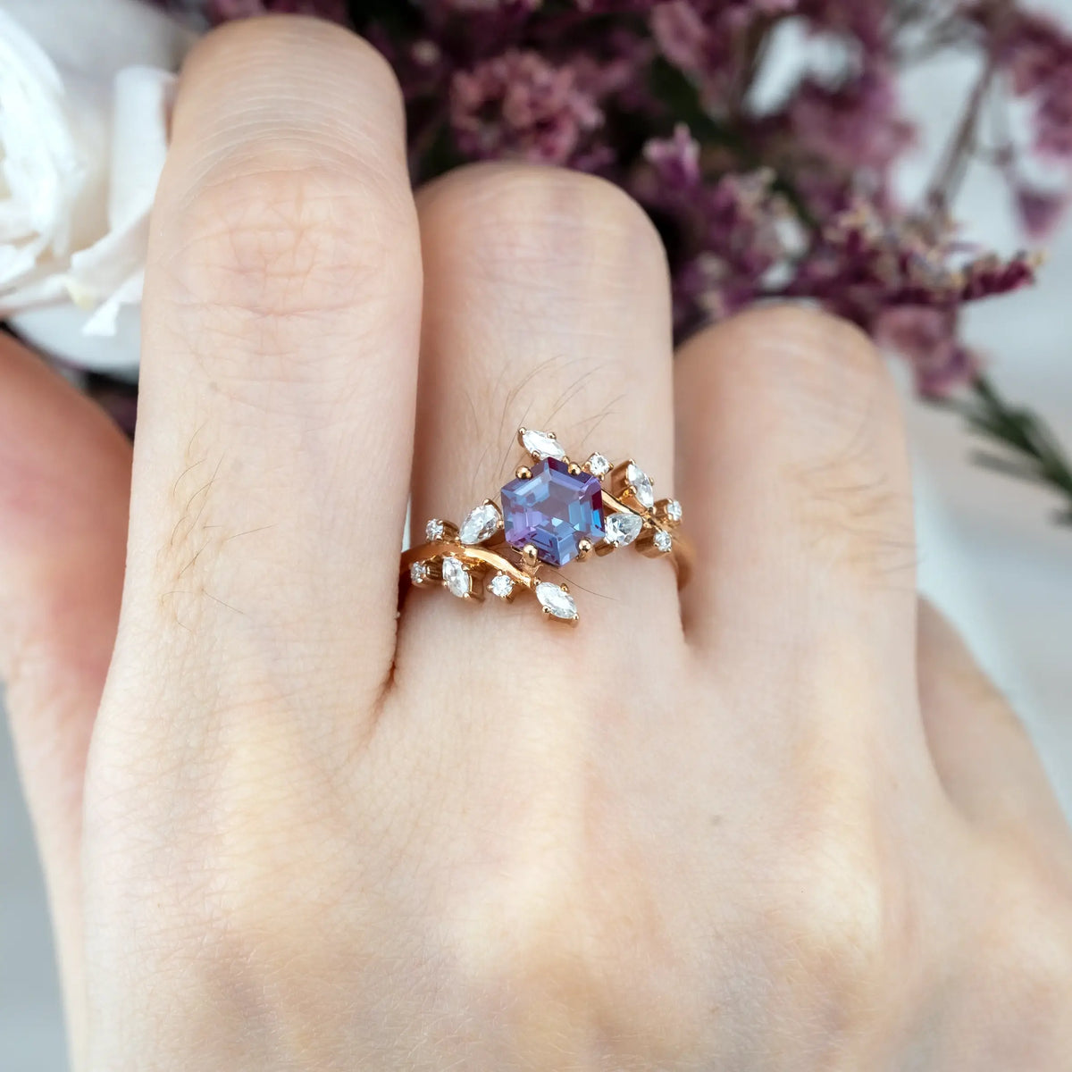 Rose Gold Alexandrite Art Ring โ Natural Inspired Floral Engagement Ring Orleone custom 18k ring for women