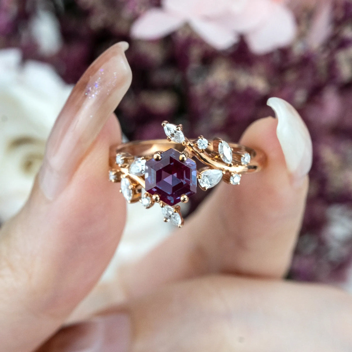 Rose Gold Alexandrite Art Ring โ Natural Inspired Floral Engagement Ring Orleone jewelry