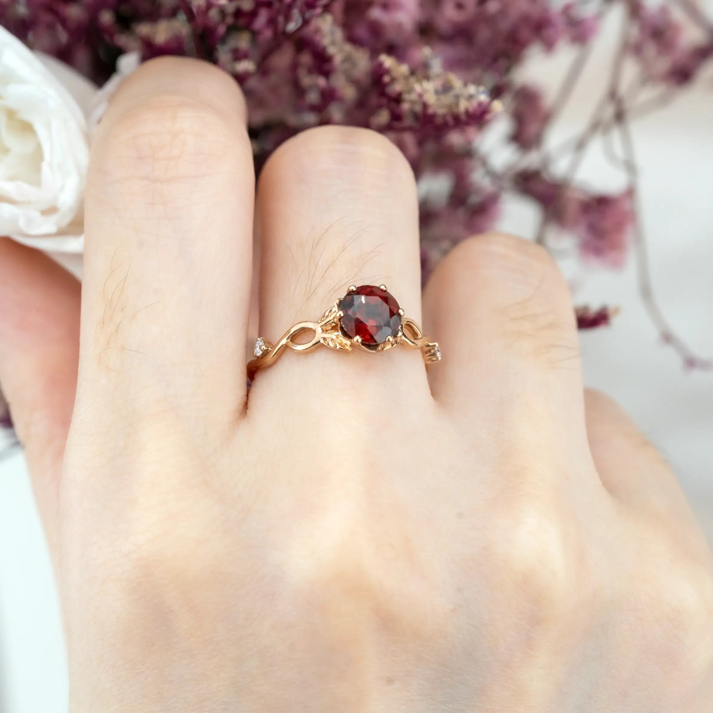Custom Red Garnet Leaf Ring | Nature-Inspired Promise Engagement Rings