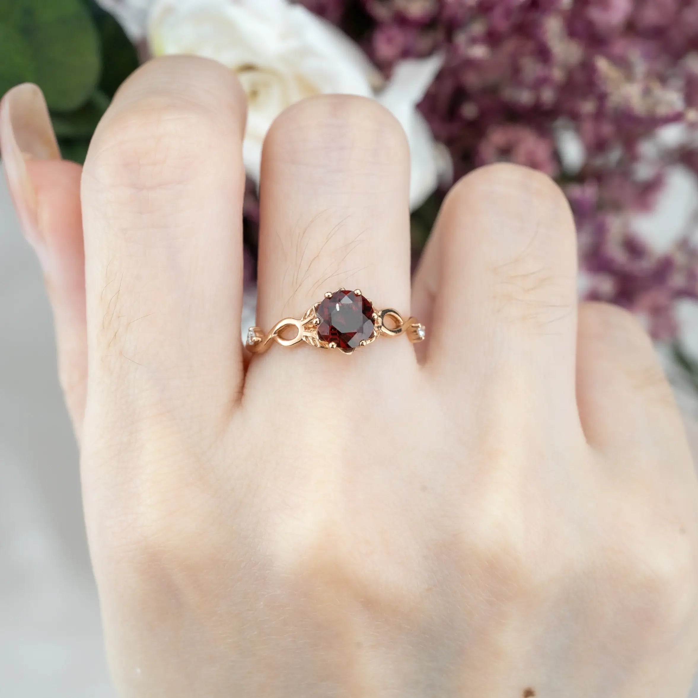 Custom Red Garnet Leaf Ring | Nature-Inspired Promise Engagement Rings