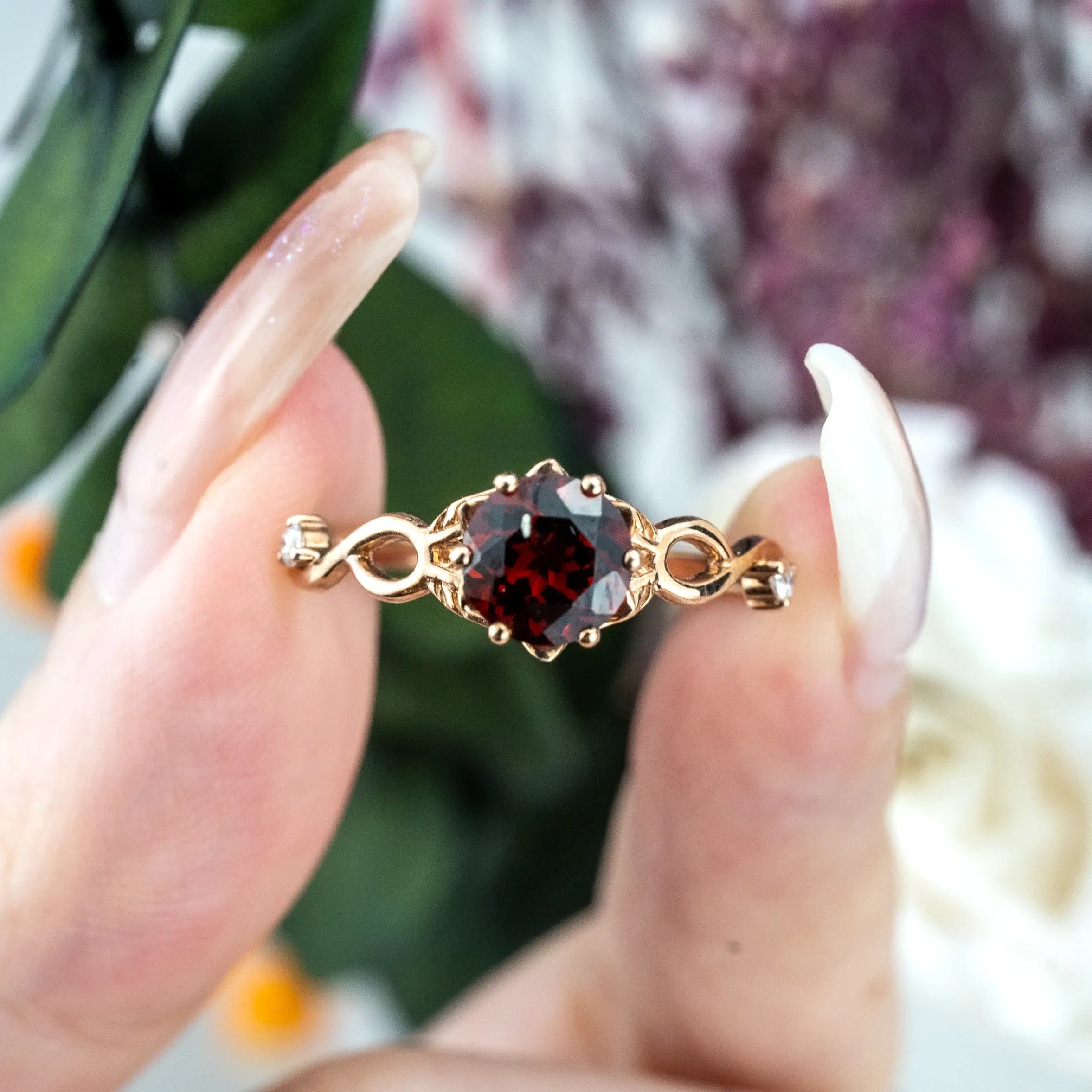 Custom Red Garnet Leaf Ring | Nature-Inspired Promise Engagement Rings for ladies