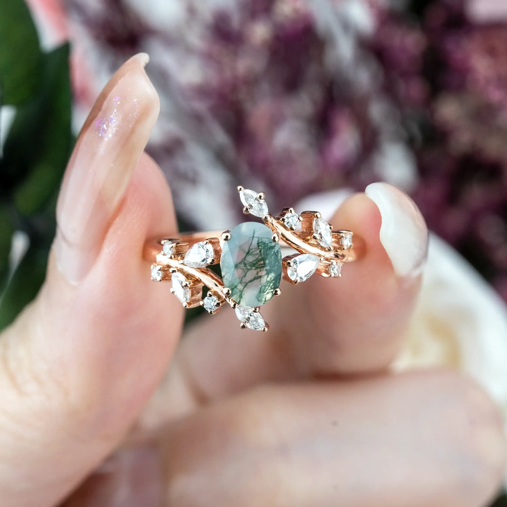 Bague de fiançailles ovale en agate mousse, design inspiré par la nature, anneau personnalisé unique, cadeau d'anniversaire de mariage