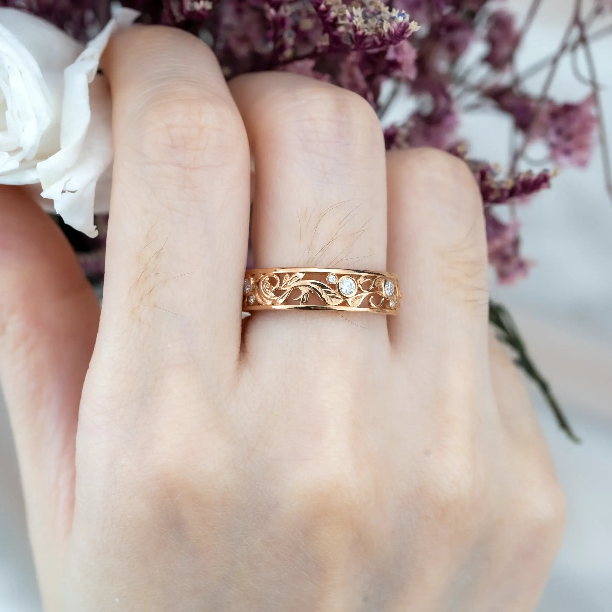 Unique Nature Inspired Design Leaf Ring Diamond Wedding Band Handmade Custom Gold band ORLEONE JEWELRY