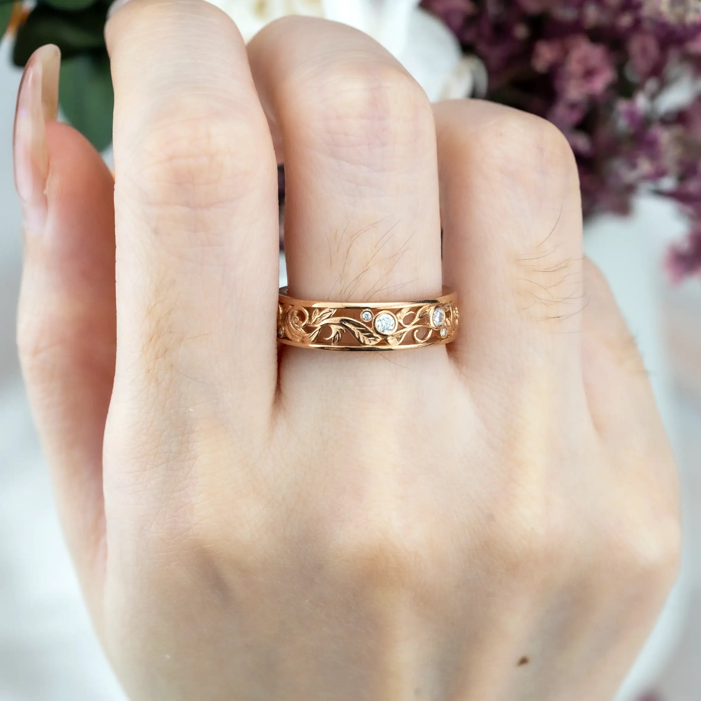 Unique Nature Inspired Design Leaf Ring Diamond Wedding Band Handmade Custom Gold band ORLEONE JEWELRY