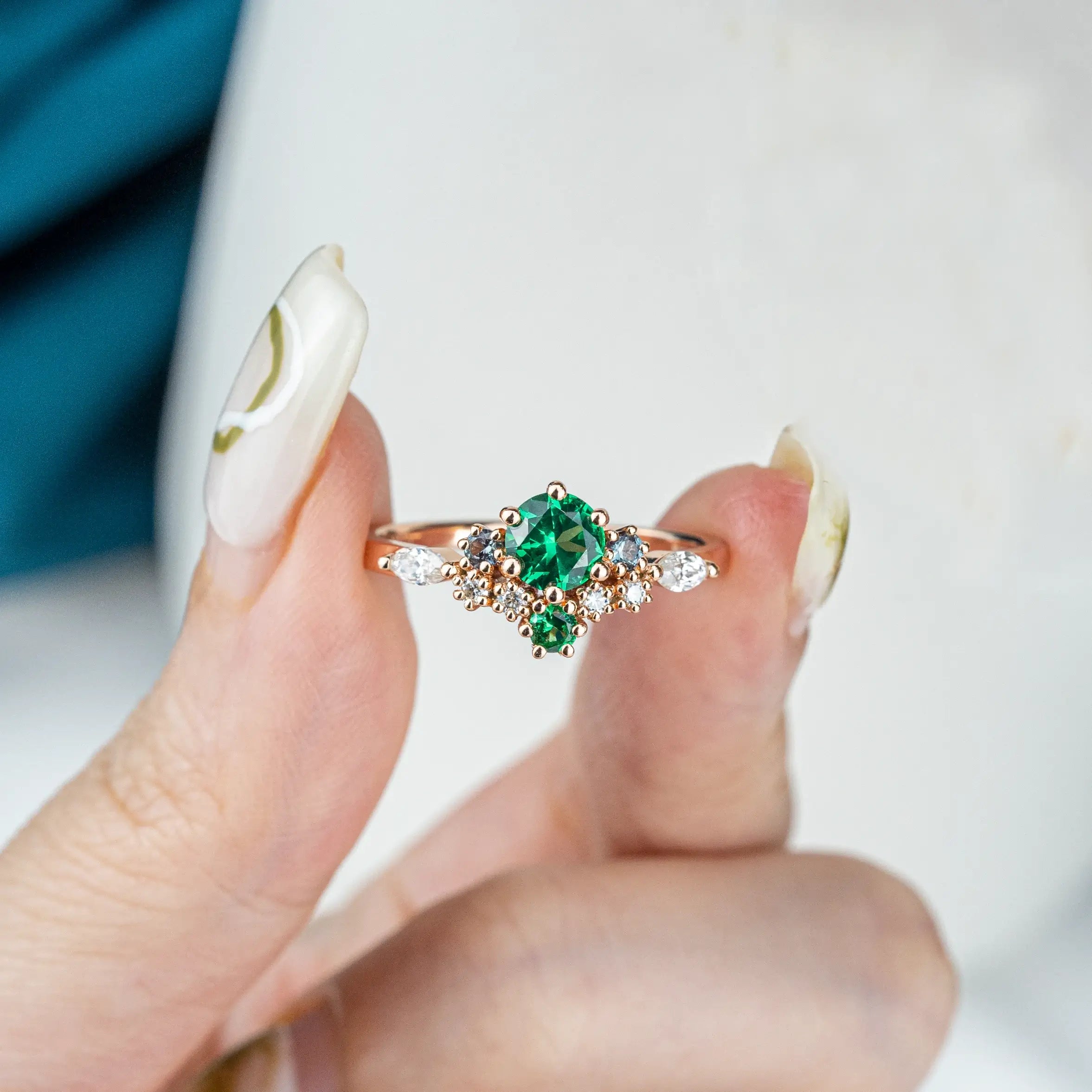 Verdeva Cluster Engagement Ring – Lab Emerald Birthstone Jewelry for ladies anniversary rings
