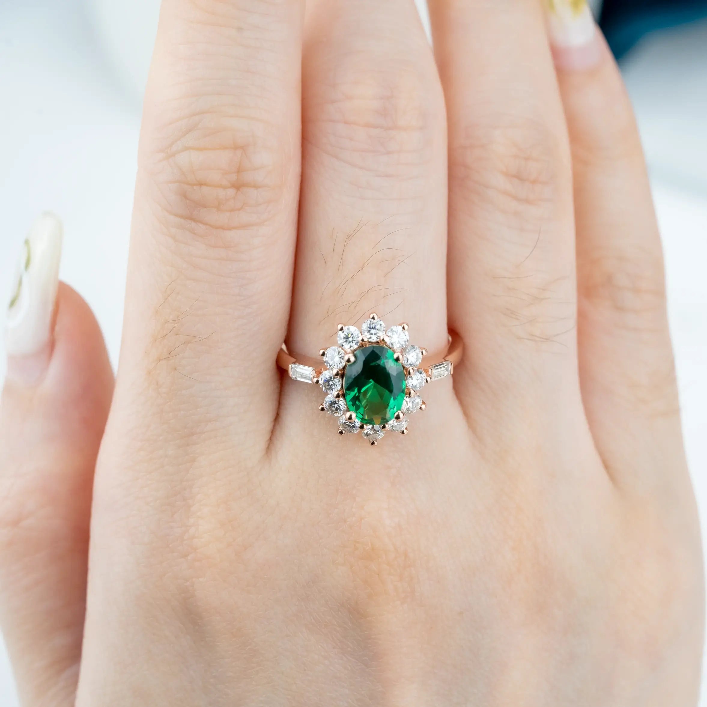 Emerald Sunburst Ring – Timeless Gold Halo Engagement Ring oval cut lab gemstone for ladies