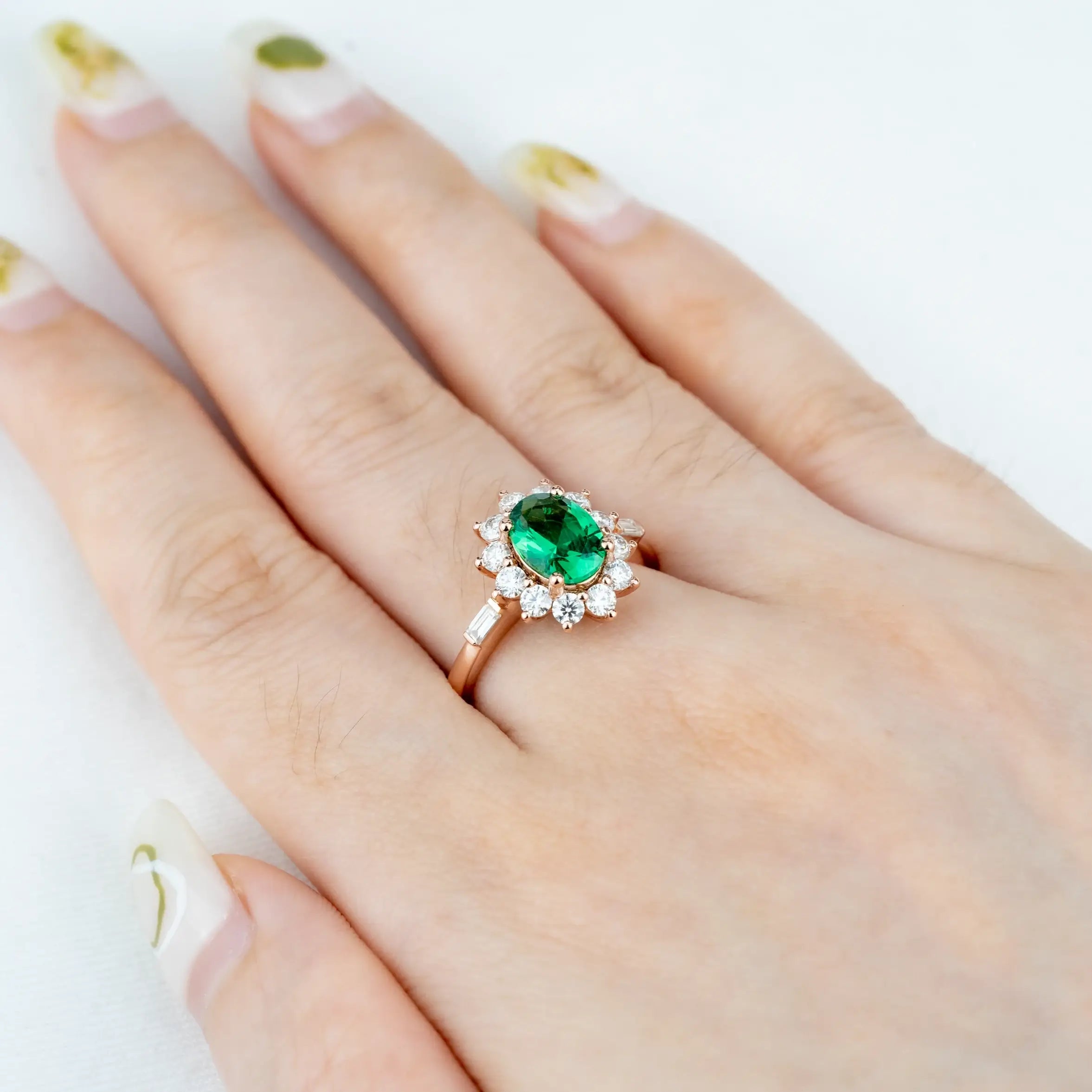 Emerald Sunburst Ring – Timeless Gold Halo Engagement Ring oval cut lab gemstone for women flora rings