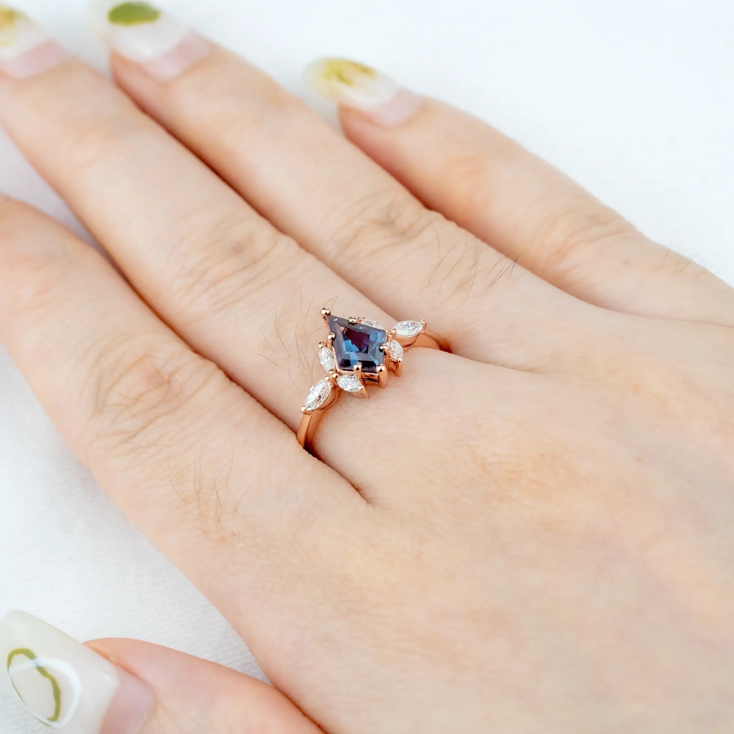 Kite Cut Lab Alexandrite Engagement Ring Flower Design Anniversary Rings For Womens folra jewelry