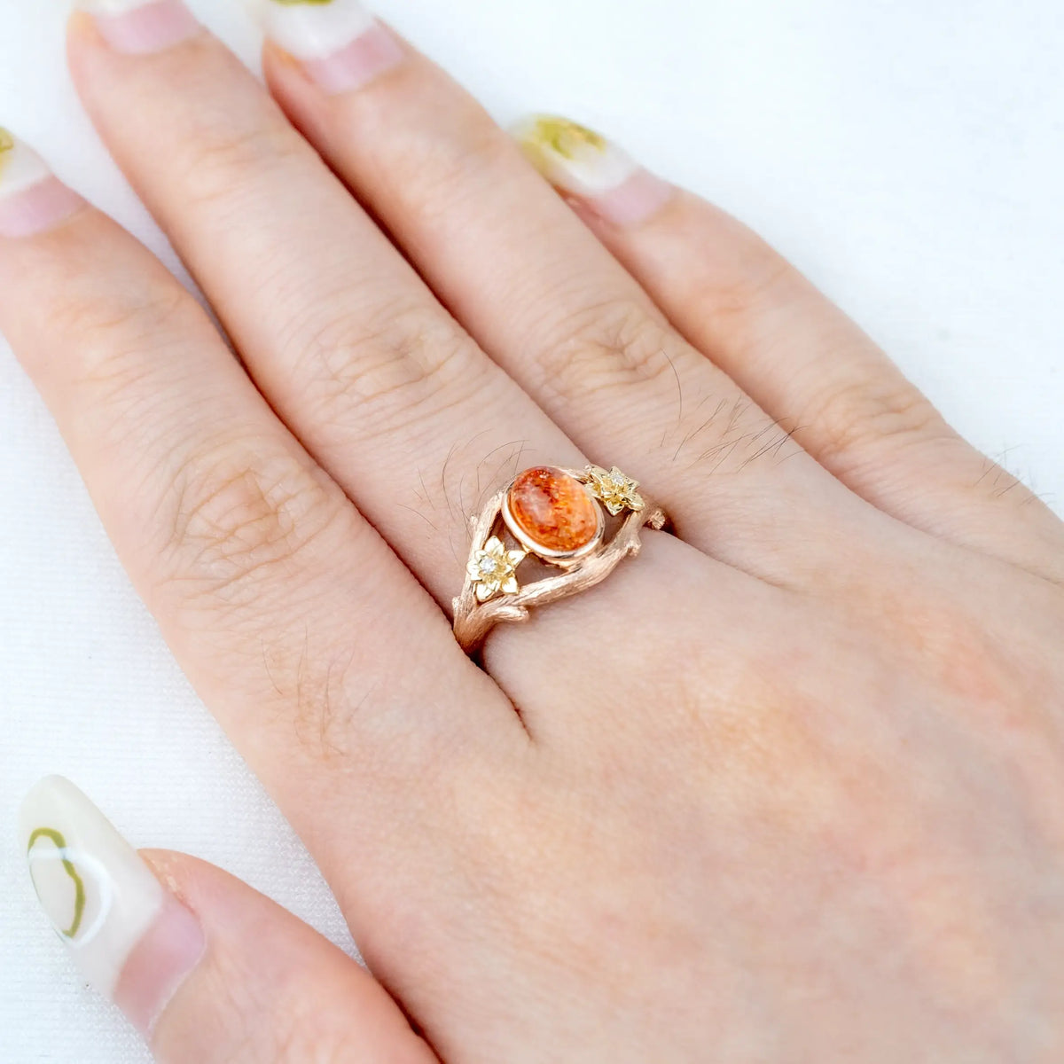 ORLEONE | Oval Sunstone Flower Rings Promise Engagement Ring Handmade Unique anniversary Rings for ladies